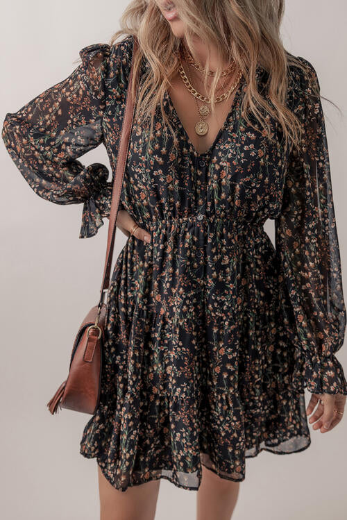 Printed Buttoned V-Neck Flounce Sleeve Dress - 3IN SMART Shop  #