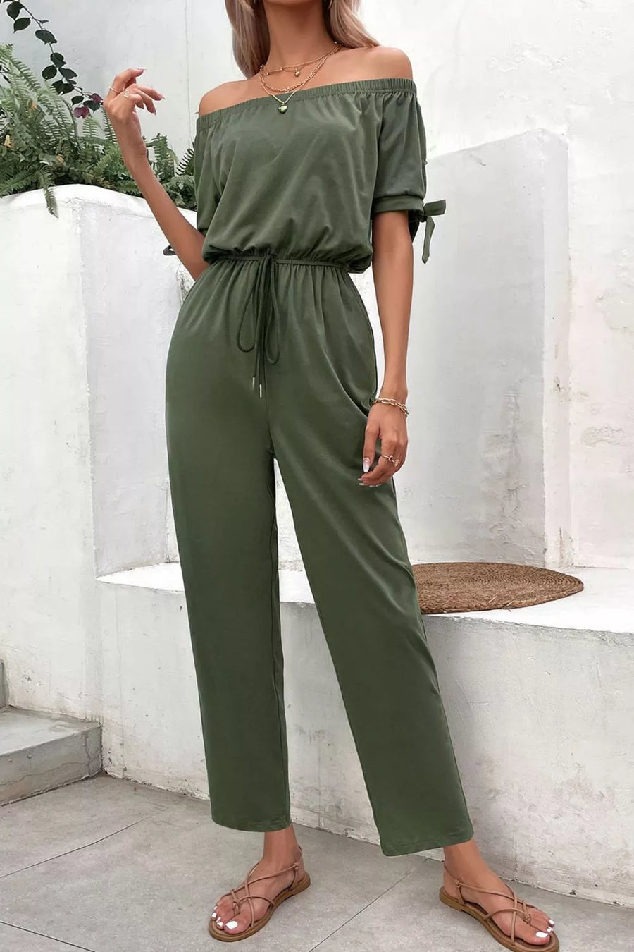 Off-Shoulder Tie Cuff Jumpsuit with Pockets - 3IN SMART Shop  #