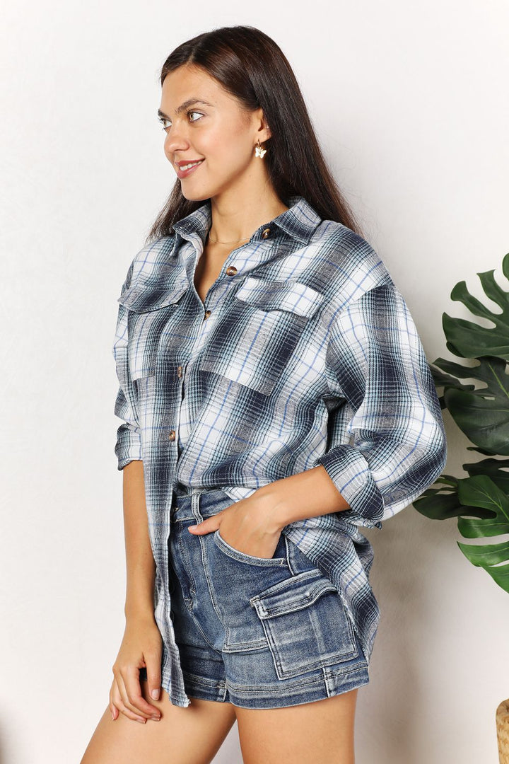Double Take Plaid Dropped Shoulder Shirt - 3IN SMART Shop  #