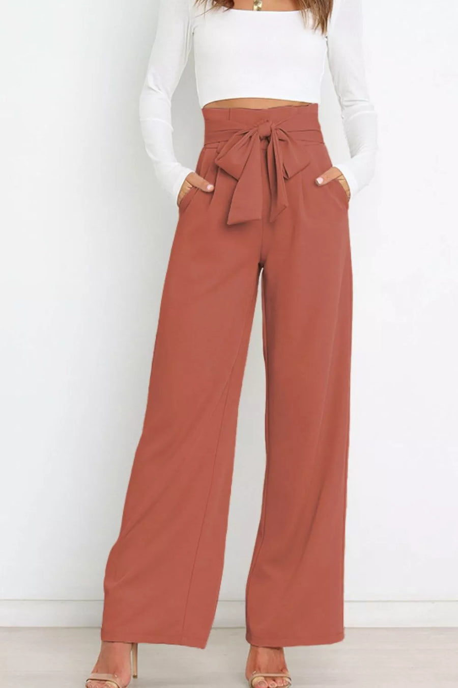 Tie Front Paperbag Wide Leg Pants - 3IN SMART Shop  #