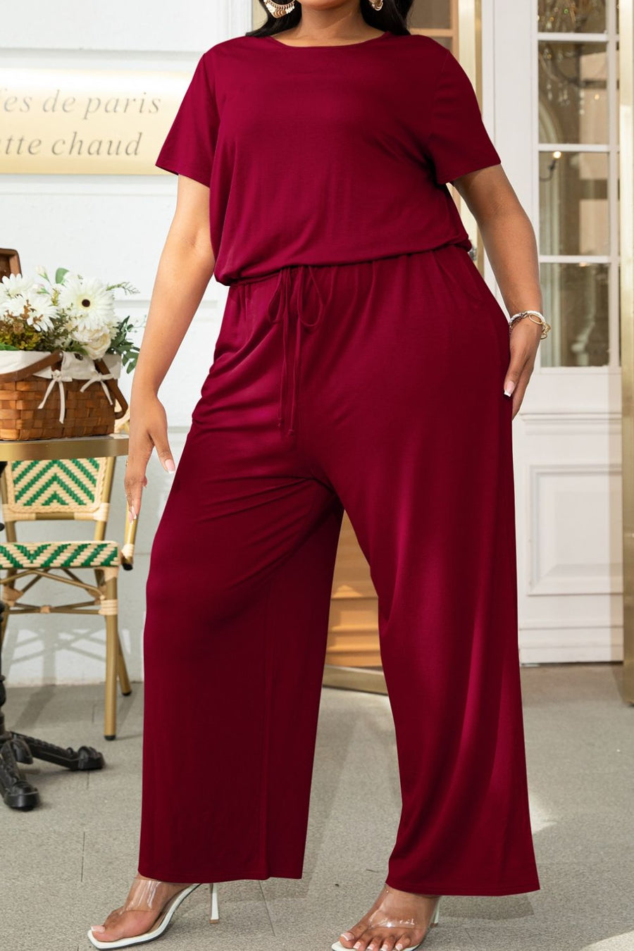 Plus Size Drawstring Waist Short Sleeve Jumpsuit - 3IN SMART Shop  #