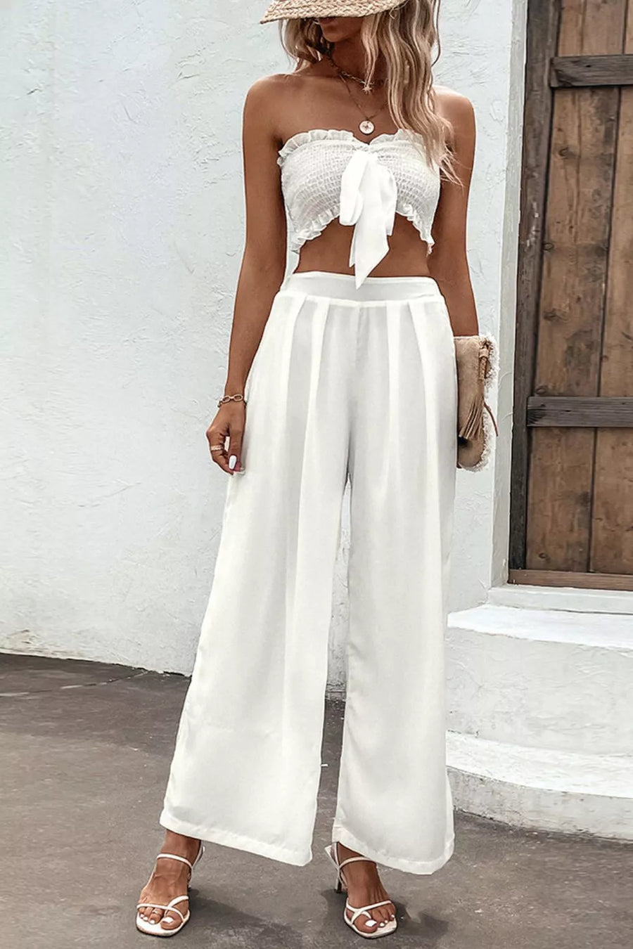 Smocked Tube Top and Wide Leg Pants Set - 3IN SMART Shop  #