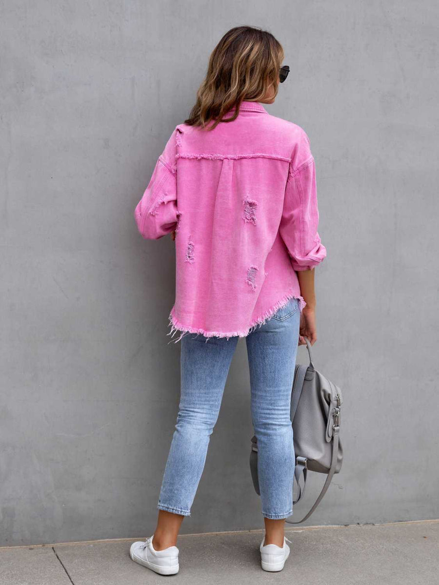 Distressed Drop Shoulder Denim Jacket - 3IN SMART Shop  #