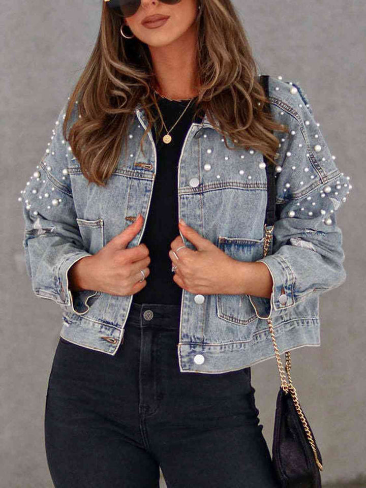 Pearl Trim Button Up Denim Jacket with Pockets - 3IN SMART Shop  #