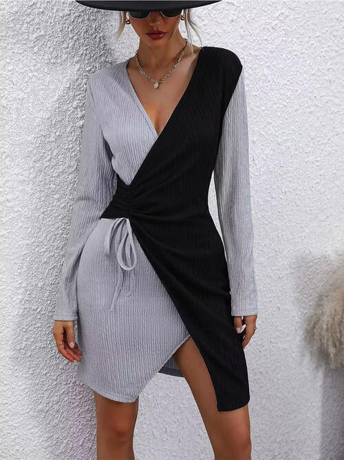 Surplice Contrast Long Sleeve Dress - 3IN SMART Shop  #