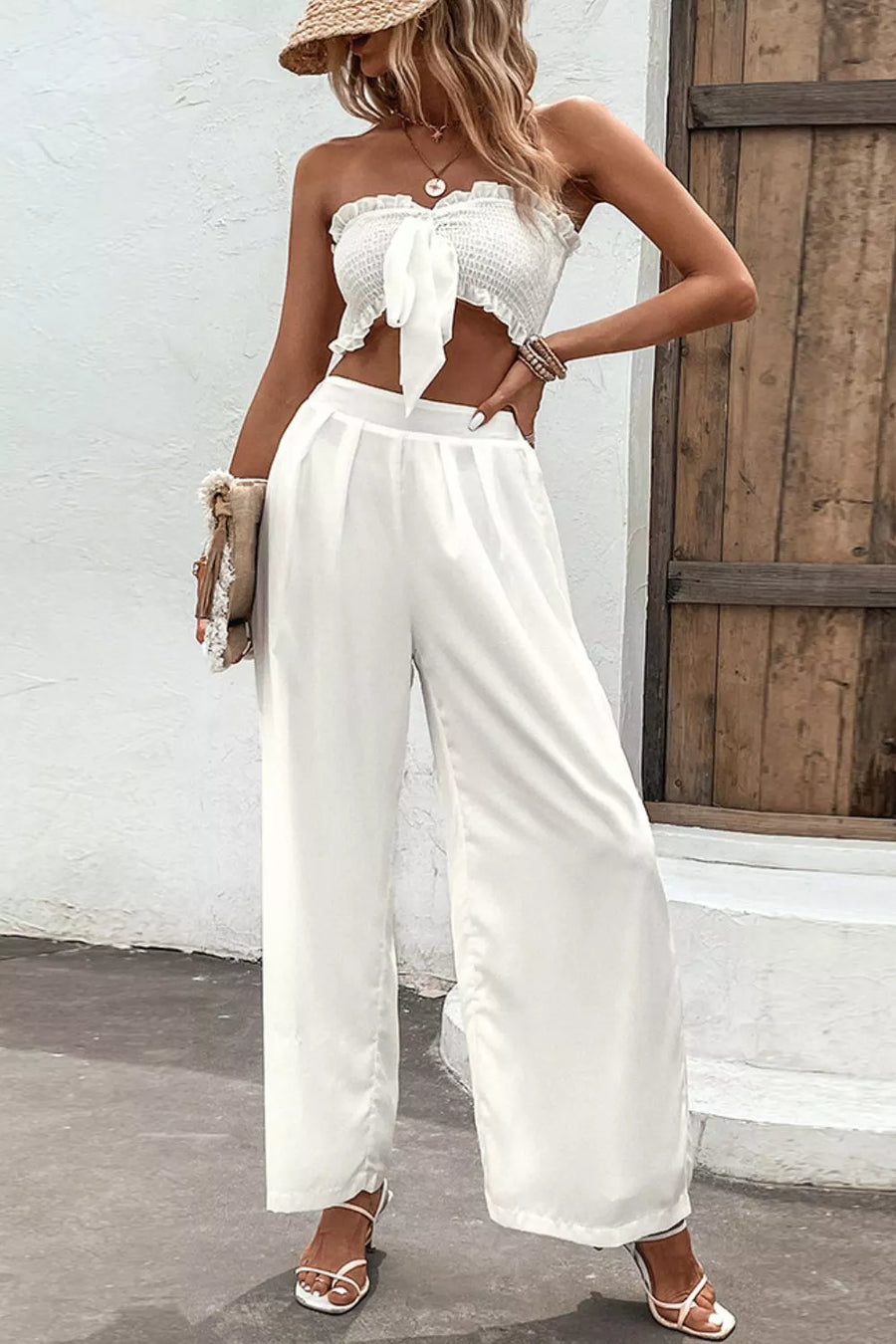 Smocked Tube Top and Wide Leg Pants Set - 3IN SMART Shop  #