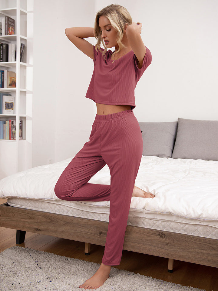 Round Neck Short Sleeve Top and Pants Lounge Set - 3IN SMART Shop  #