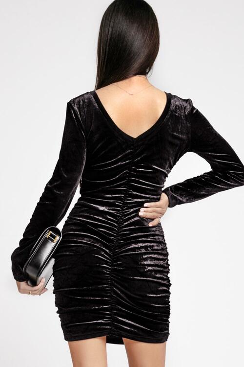 V-Neck Ruched Long Sleeve  Dress - 3IN SMART Shop  #