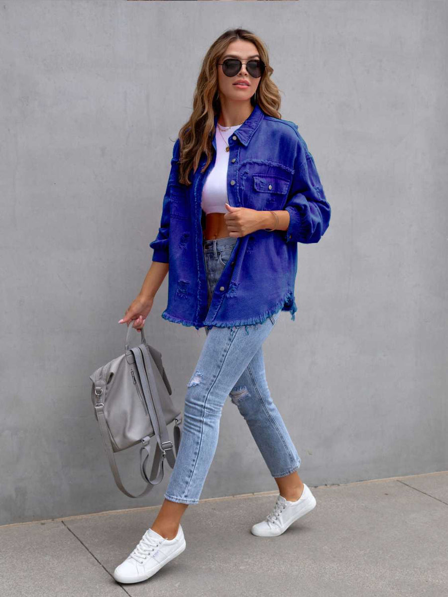 Distressed Drop Shoulder Denim Jacket - 3IN SMART Shop  #