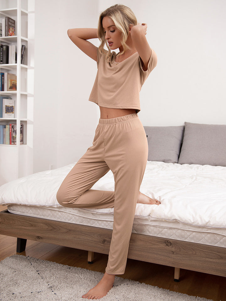 Round Neck Short Sleeve Top and Pants Lounge Set - 3IN SMART Shop  #