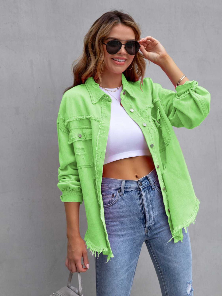 Distressed Drop Shoulder Denim Jacket - 3IN SMART Shop  #