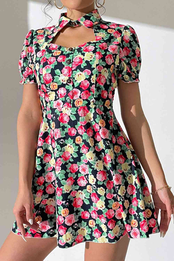 Floral Buttoned Cutout Puff Sleeve Dress - 3IN SMART Shop  #