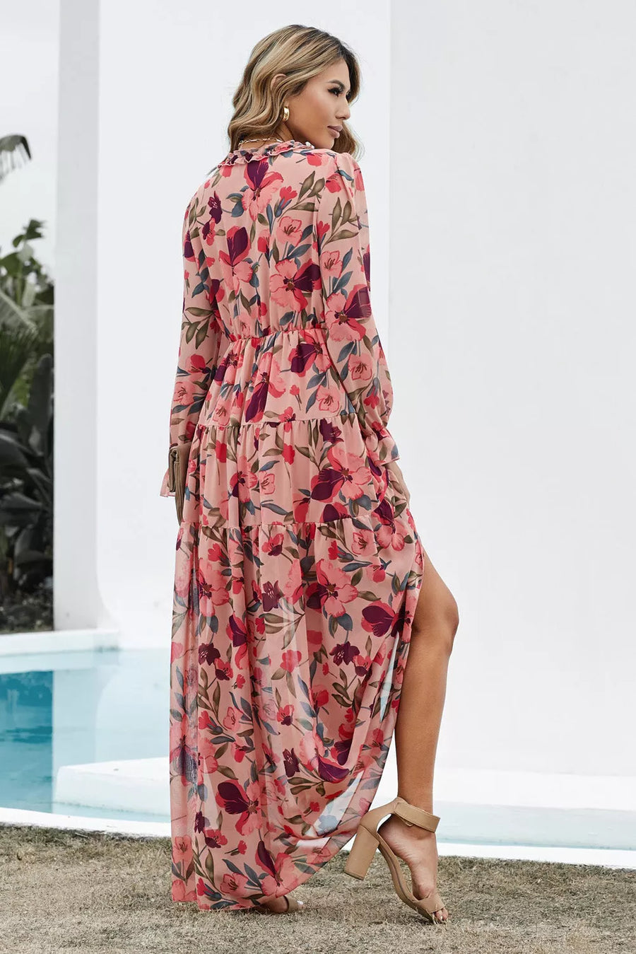 Floral Frill Trim Flounce Sleeve Plunge Maxi Dress - 3IN SMART Shop  #