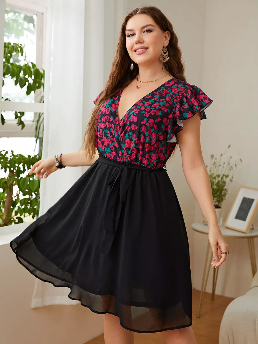 Plus Size Floral Surplice Neck Flutter Sleeve Dress - 3IN SMART Shop  #