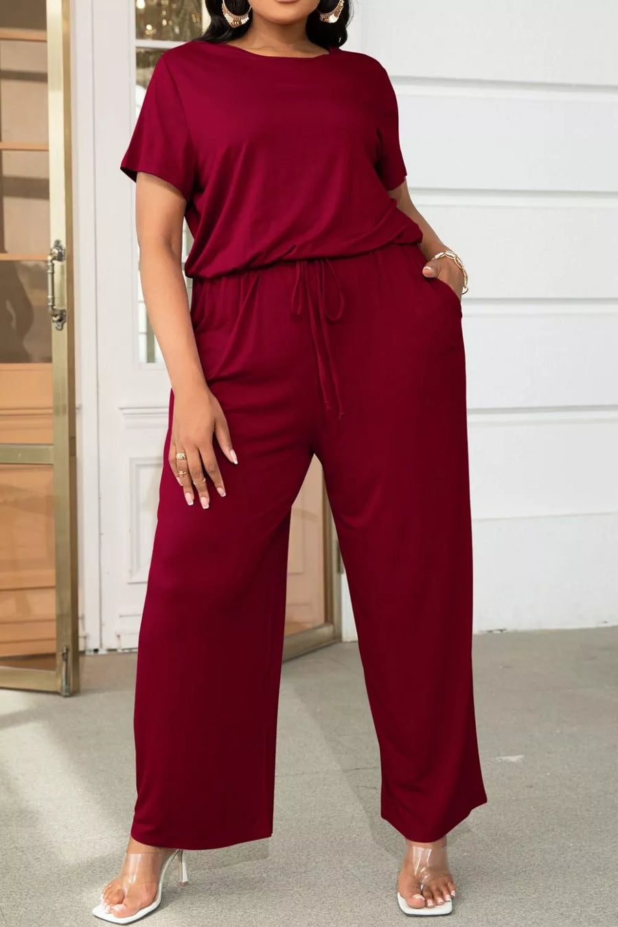 Plus Size Drawstring Waist Short Sleeve Jumpsuit - 3IN SMART Shop  #