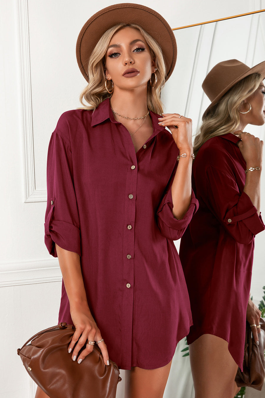 Solid Button Up Drop Shoulder Blouse - 3IN SMART Shop  #