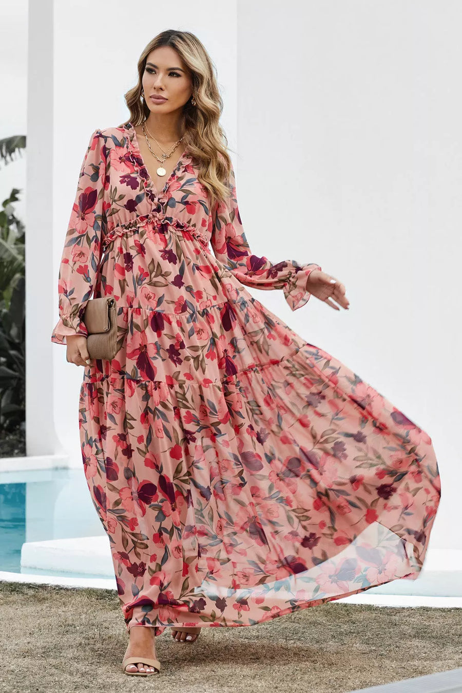 Floral Frill Trim Flounce Sleeve Plunge Maxi Dress - 3IN SMART Shop  #