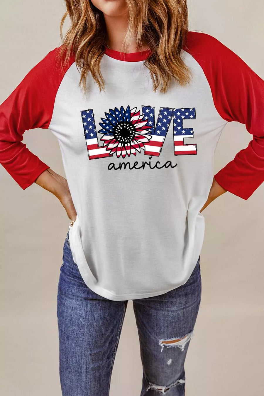 Raglan Sleeve Round Neck LOVE AMERICA Graphic Tee - 3IN SMART Shop  #