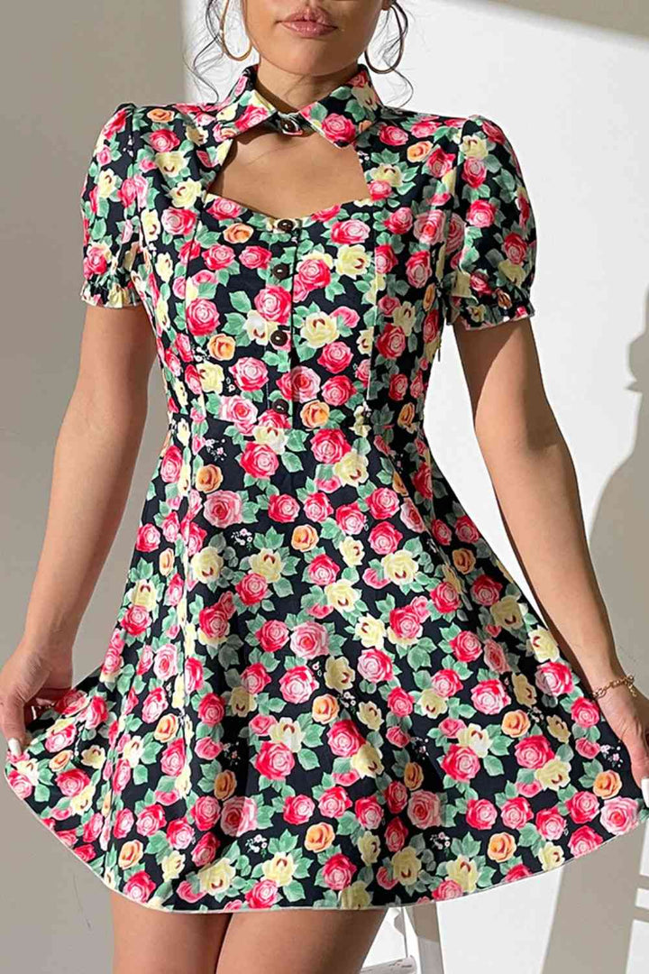Floral Buttoned Cutout Puff Sleeve Dress - 3IN SMART Shop  #