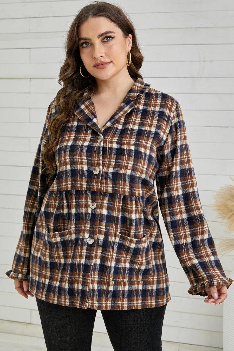 Plus Size Plaid Buttoned Collared Shacket Shirt - 3IN SMART Shop  #