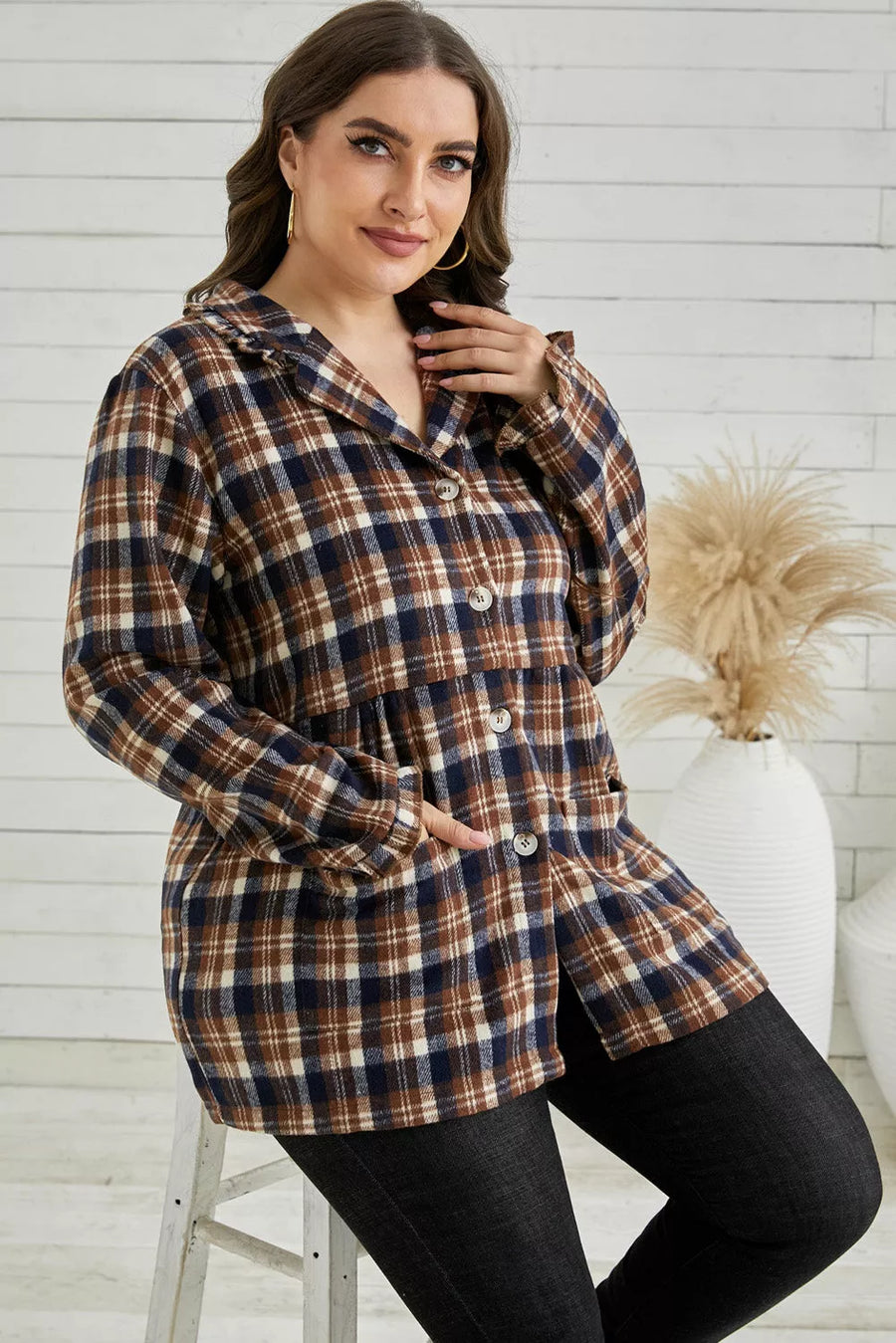 Plus Size Plaid Buttoned Collared Shacket Shirt - 3IN SMART Shop  #