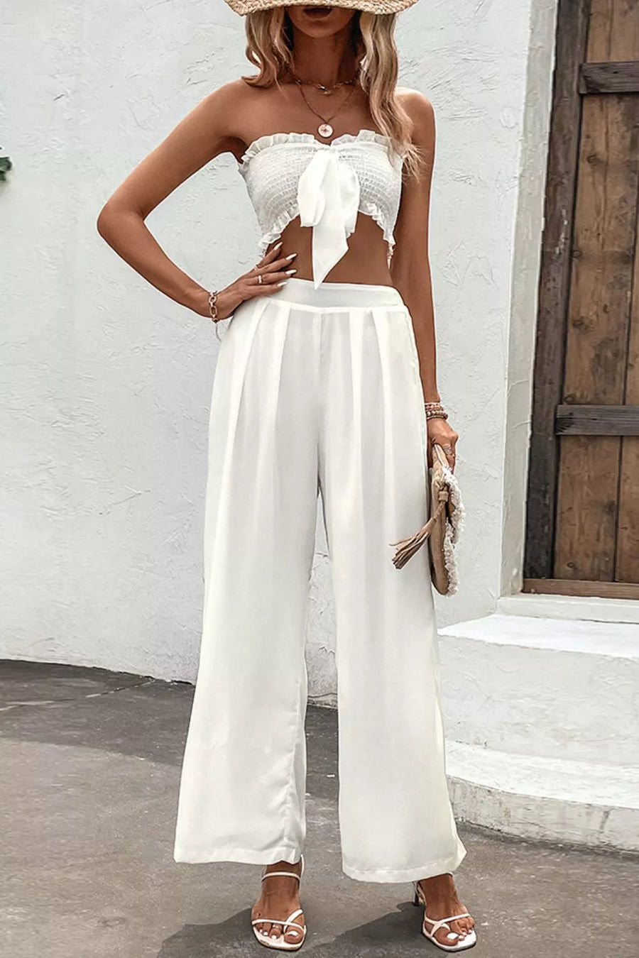 Smocked Tube Top and Wide Leg Pants Set - 3IN SMART Shop  #