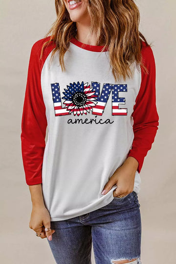 Raglan Sleeve Round Neck LOVE AMERICA Graphic Tee - 3IN SMART Shop  #