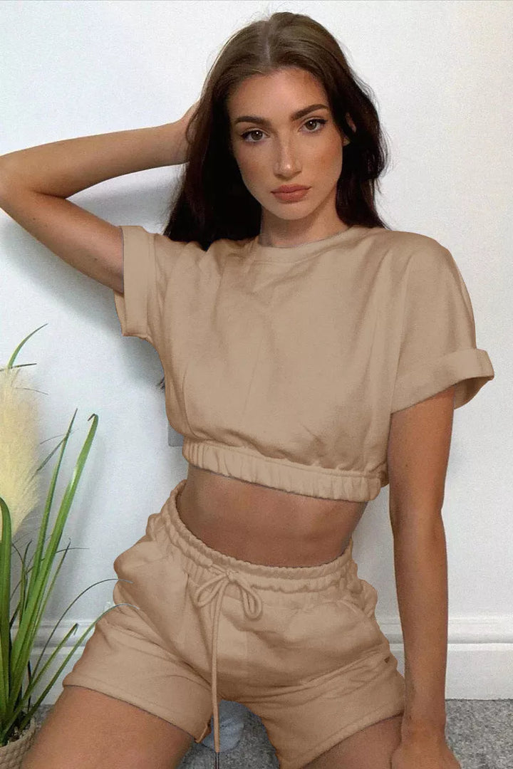 Short Sleeve Cropped Top and Drawstring Shorts Lounge Set - 3IN SMART Shop  #