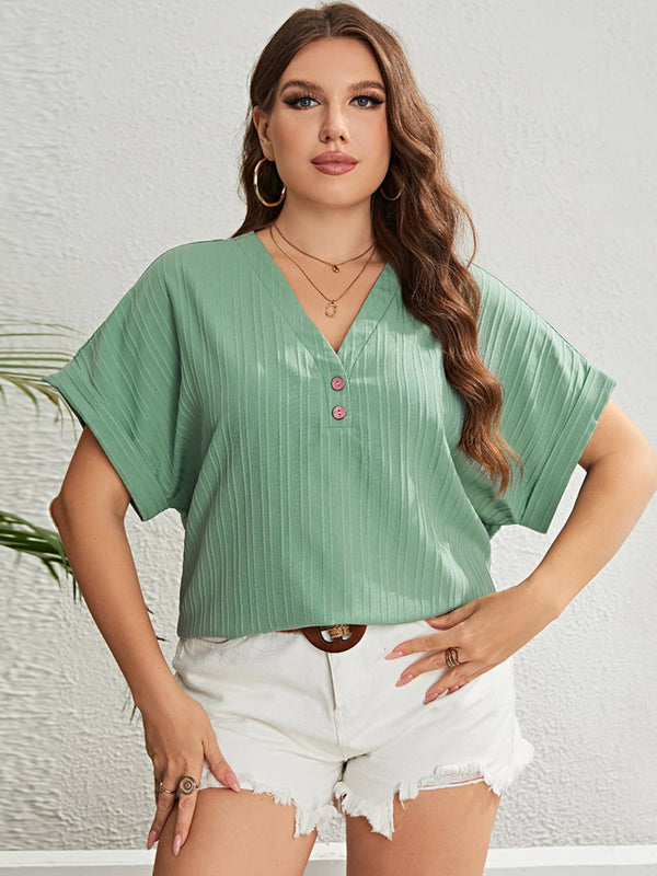 Plus Size Buttoned V-Neck Short Sleeve Top - 3IN SMART Shop  #