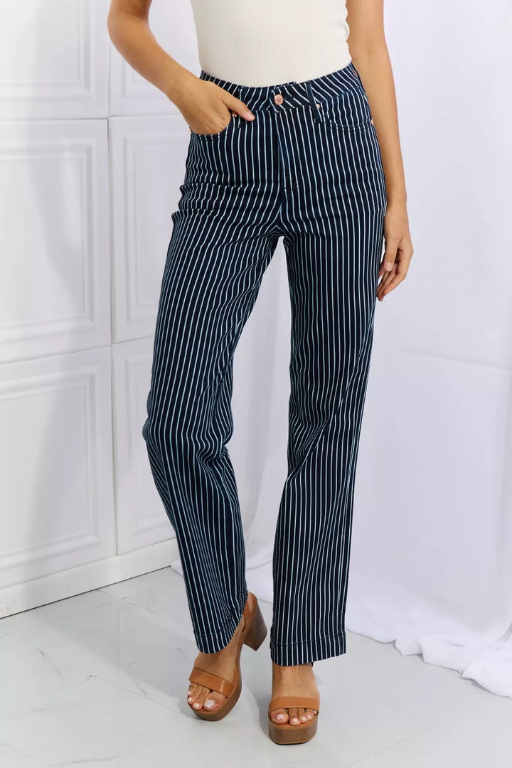 Blue Full Size High Waisted Tummy Control Striped Straight Jeans - 3IN SMART Shop  #
