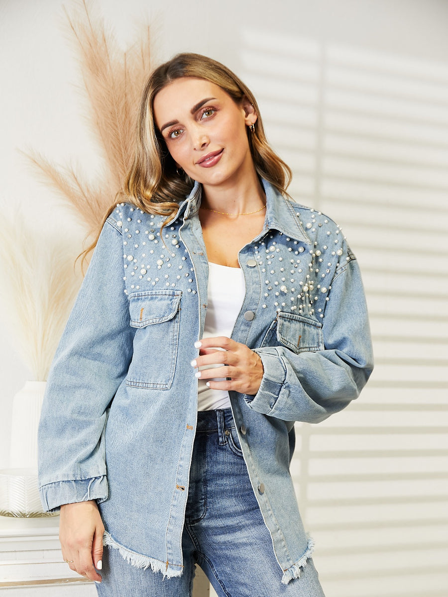 Collared Neck Raw Hem Dropped Shoulder Denim Jacket - 3IN SMART Shop  #