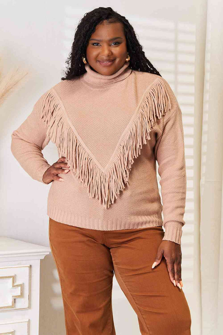 Woven Right Turtleneck Fringe Front Long Sleeve Sweater - 3IN SMART Shop  #