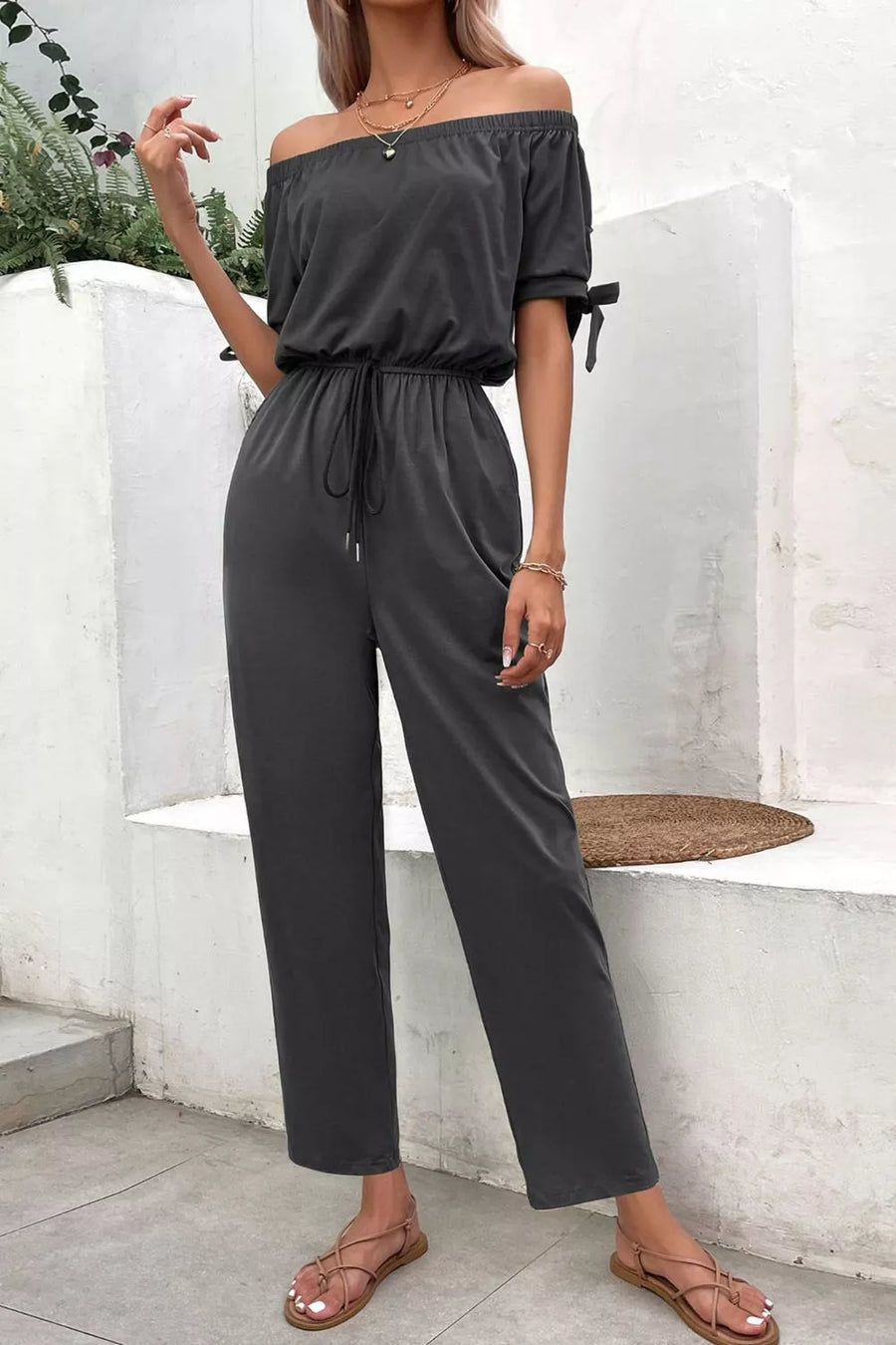 Off-Shoulder Tie Cuff Jumpsuit with Pockets - 3IN SMART Shop  #