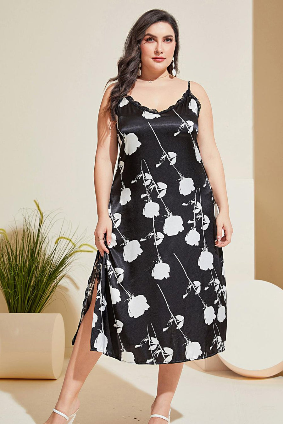 Plus Size Floral Lace Trim Side Slit Night Dress - 3IN SMART Shop  #