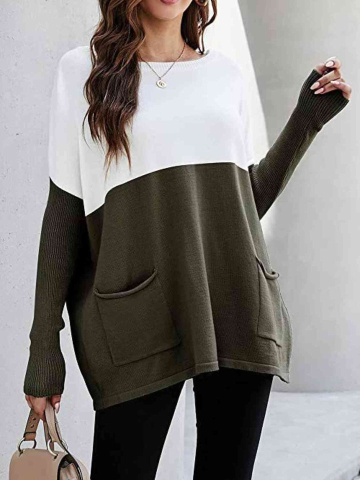 Two Tone Pullover Sweater with Pockets - 3IN SMART Shop  #