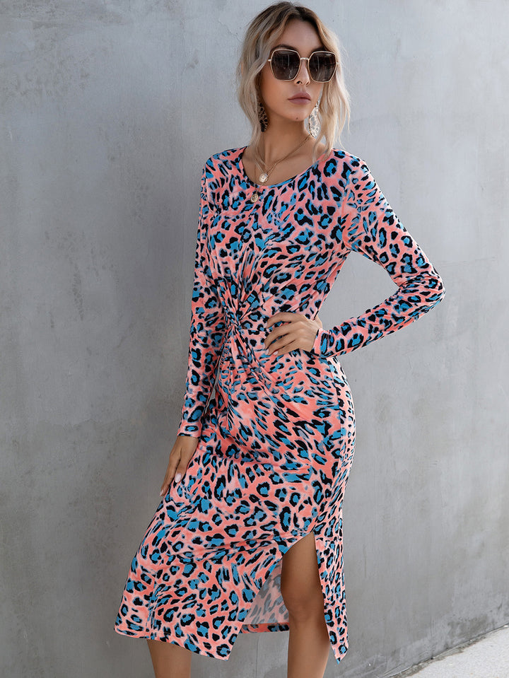 Leopard Twisted Slit Long Sleeve Dress - 3IN SMART Shop  #