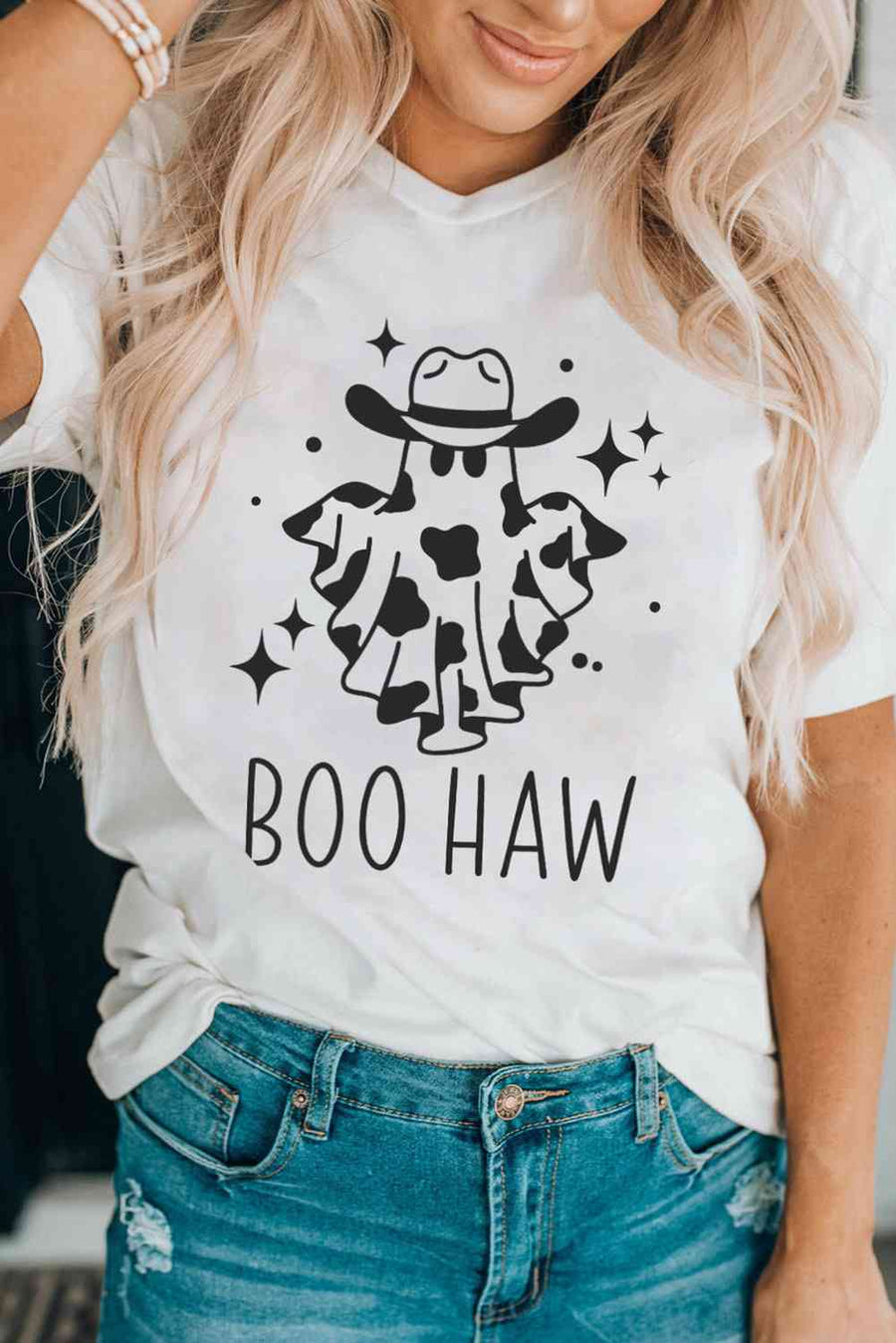 V-Neck Short Sleeve BOO HAW Ghost Graphic T-Shirt - 3IN SMART Shop  #