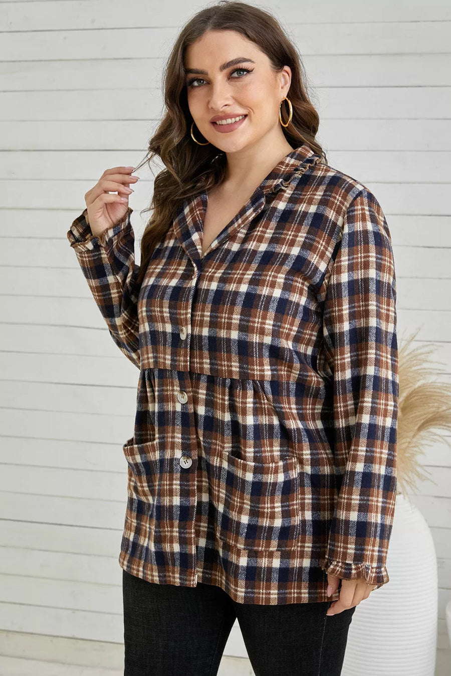 Plus Size Plaid Buttoned Collared Shacket Shirt - 3IN SMART Shop  #