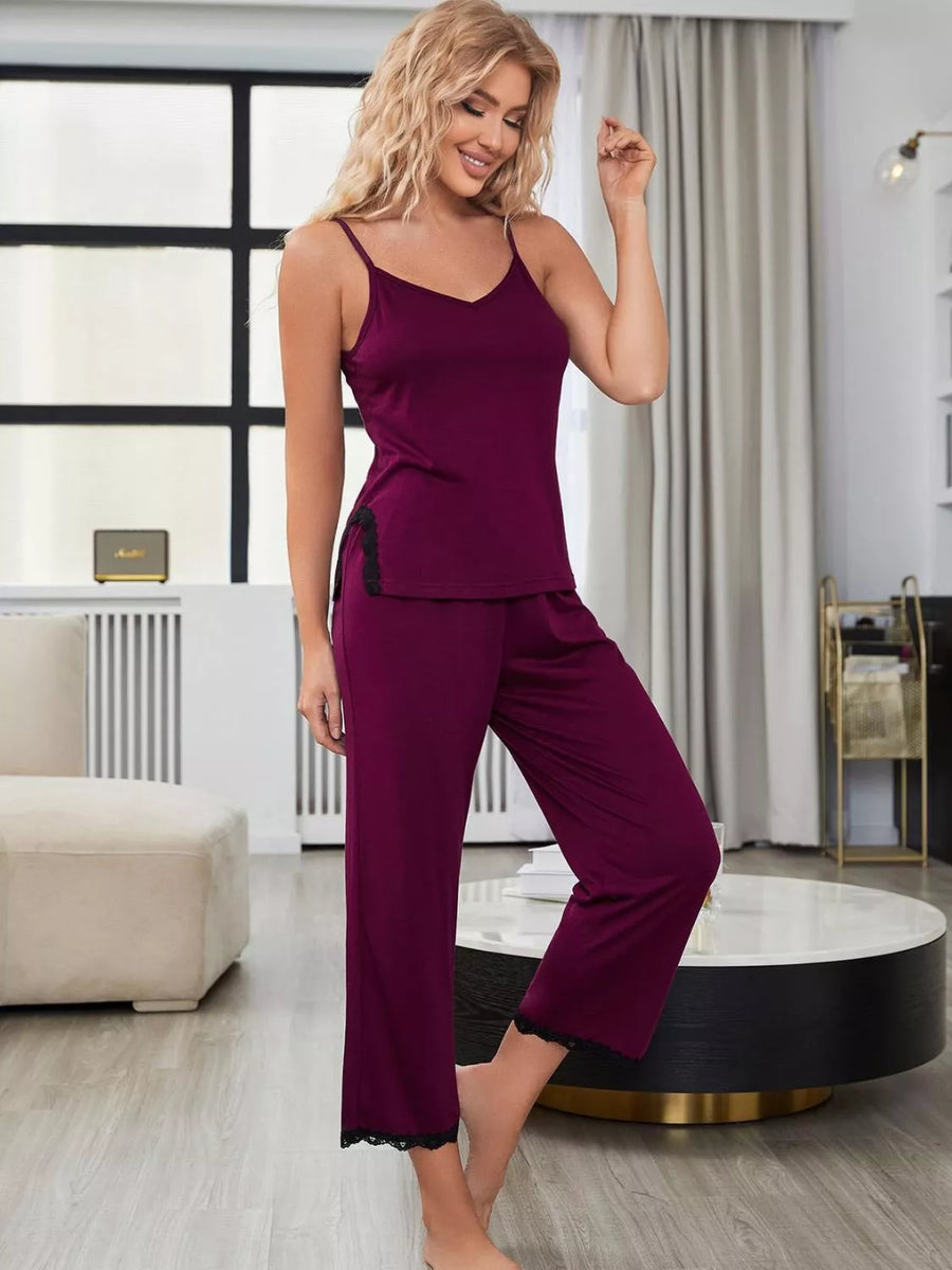 V-Neck Lace Pants Pajama Set - 3IN SMART Shop  #