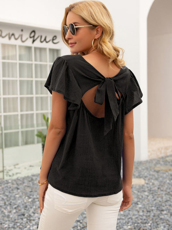 Round Neck Cutout Tie Back Top - 3IN SMART Shop  #