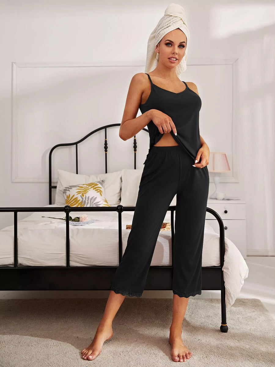 V-Neck Lace Pants Pajama Set