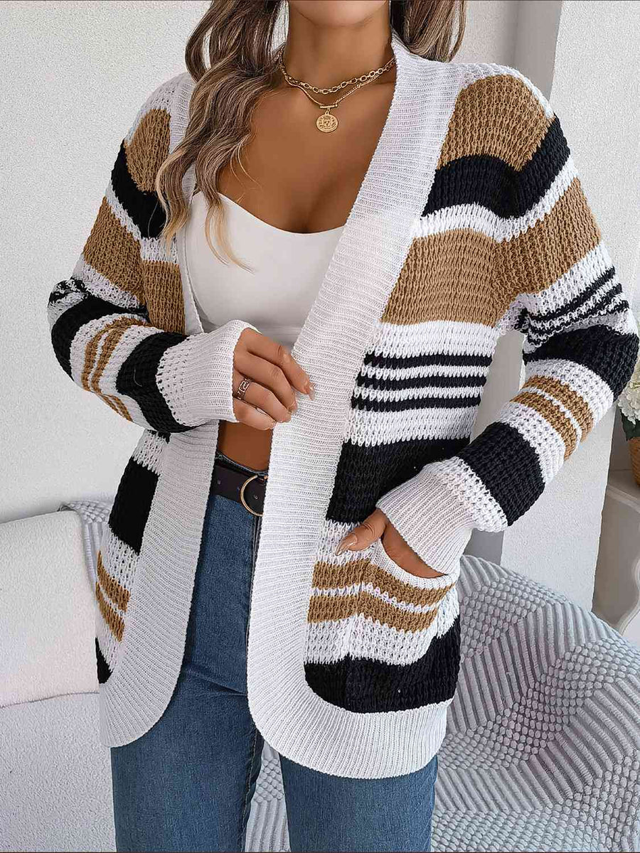 Striped Open Front Long Sleeve Cardigan - 3IN SMART Shop  #