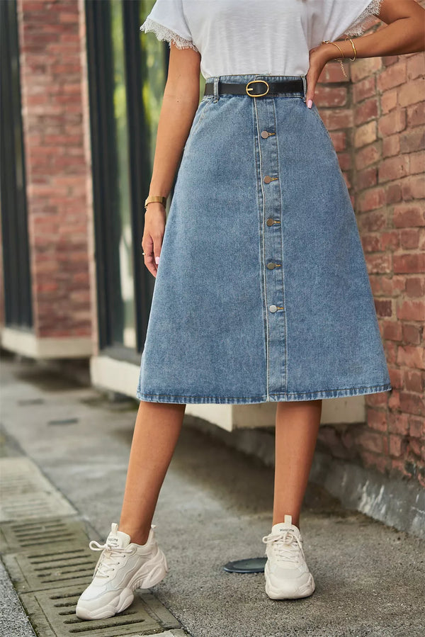 Button Front A-Line Denim Skirt - 3IN SMART Shop  #