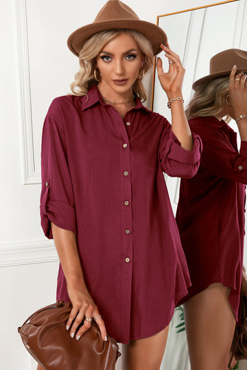 Solid Button Up Drop Shoulder Blouse - 3IN SMART Shop  #