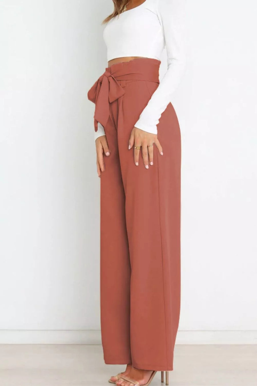 Tie Front Paperbag Wide Leg Pants - 3IN SMART Shop  #