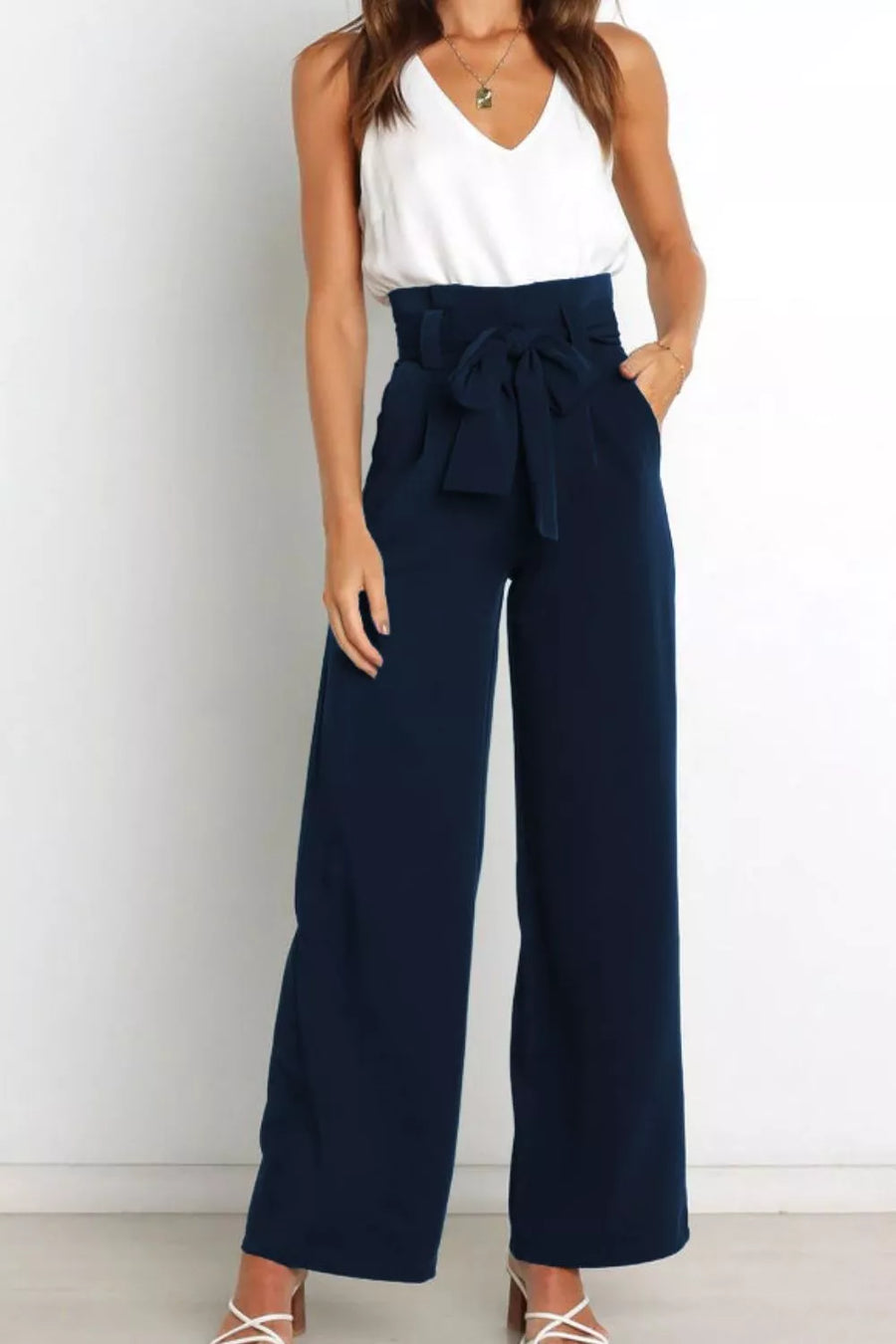 Tie Front Paperbag Wide Leg Pants - 3IN SMART Shop  #