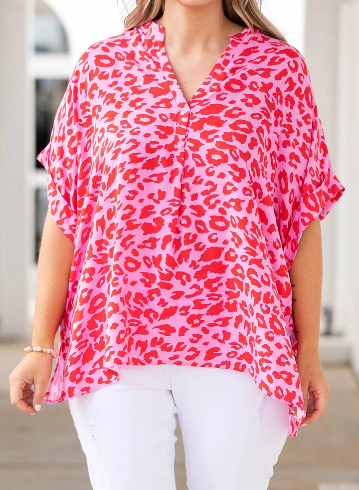 Plus Size Printed Notched Neck Half Sleeve Top - 3IN SMART Shop  #