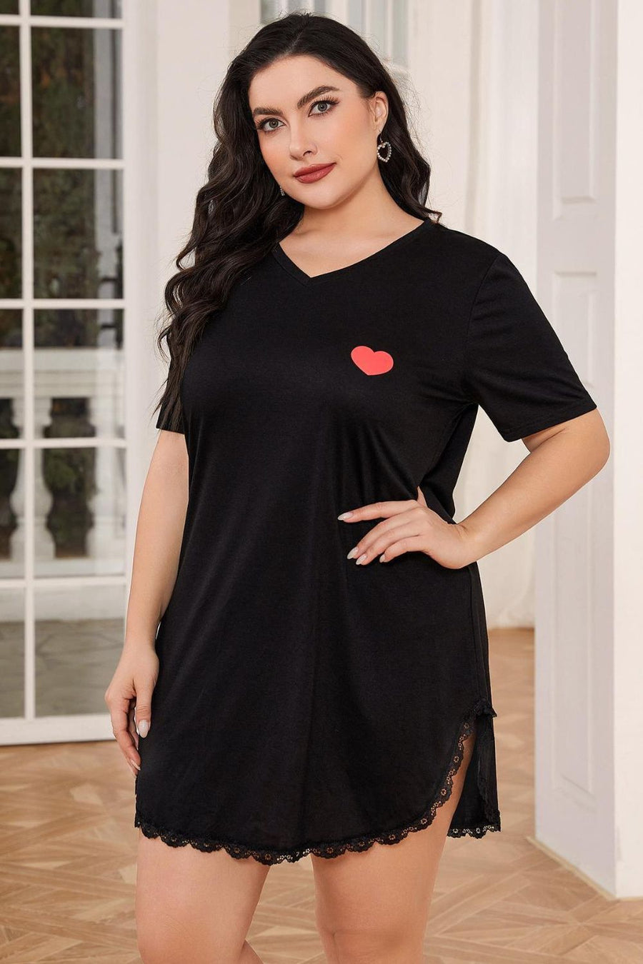 Plus Size Lace Trim V-Neck Short Sleeve Night Dress - 3IN SMART Shop  #