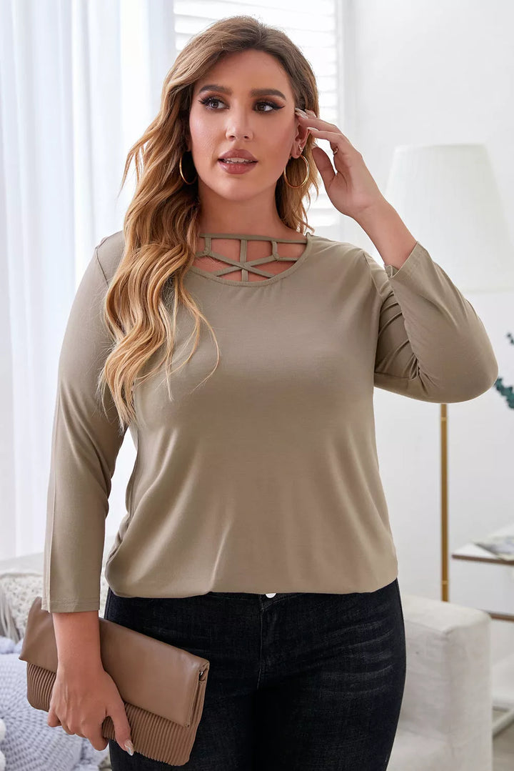 Plus Size Curved Hem Neck Detail Tee - 3IN SMART Shop  #