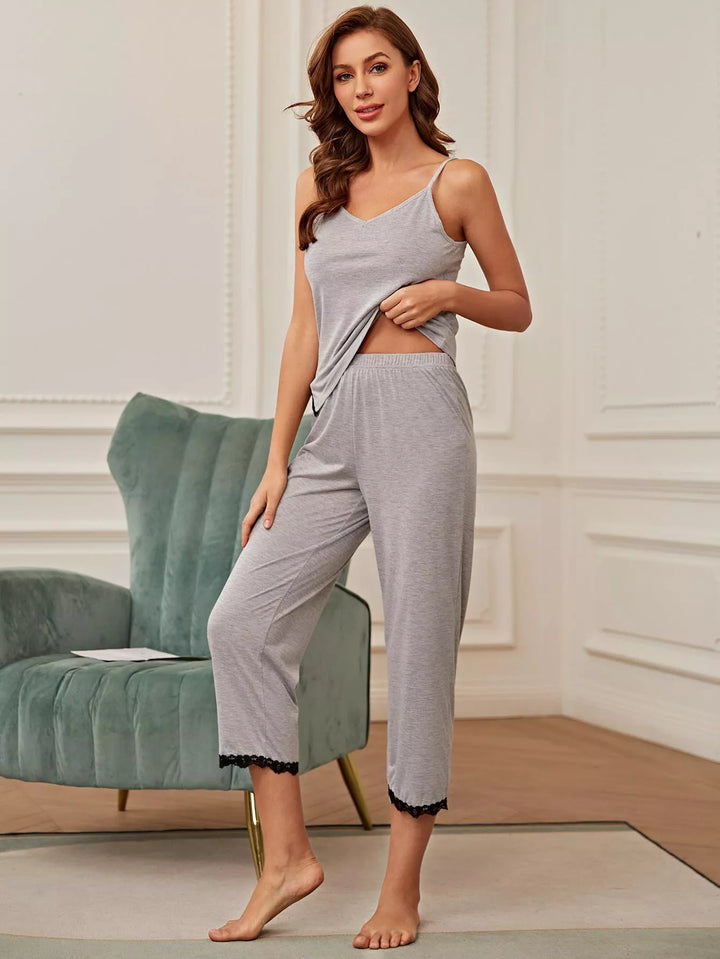 V-Neck Lace Pants Pajama Set - 3IN SMART Shop  #